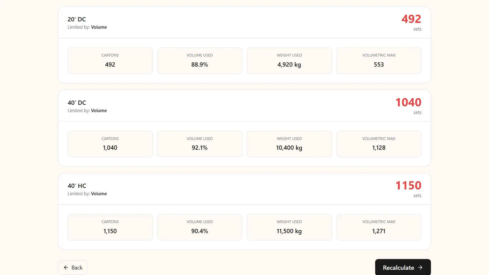 Kubova capacity tool showing cartons per container for a 20' DC, 40' DC and 40' HC with volume used