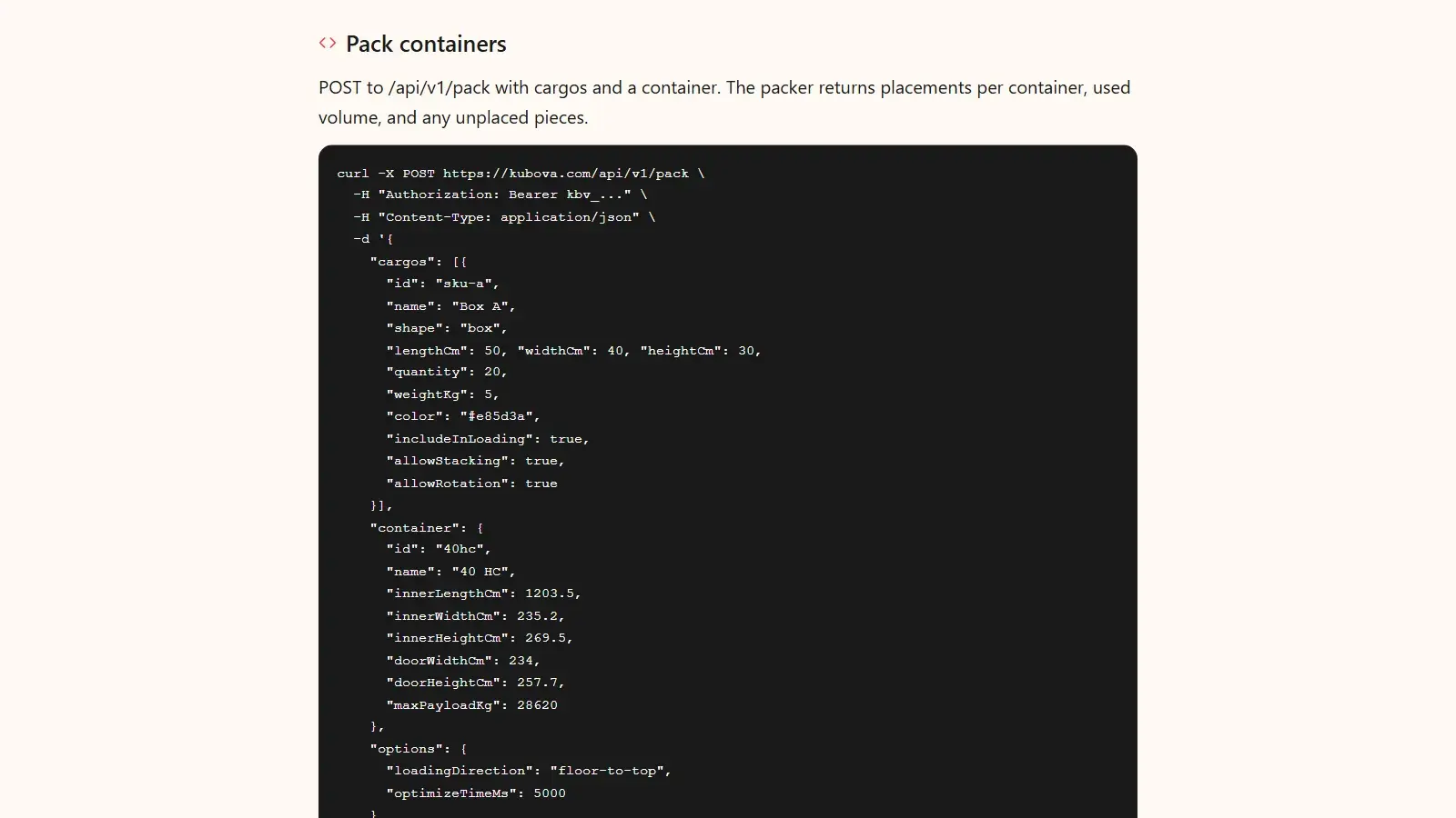 Kubova REST API documentation showing a POST /api/v1/pack request with cartons, a 40' HC and options