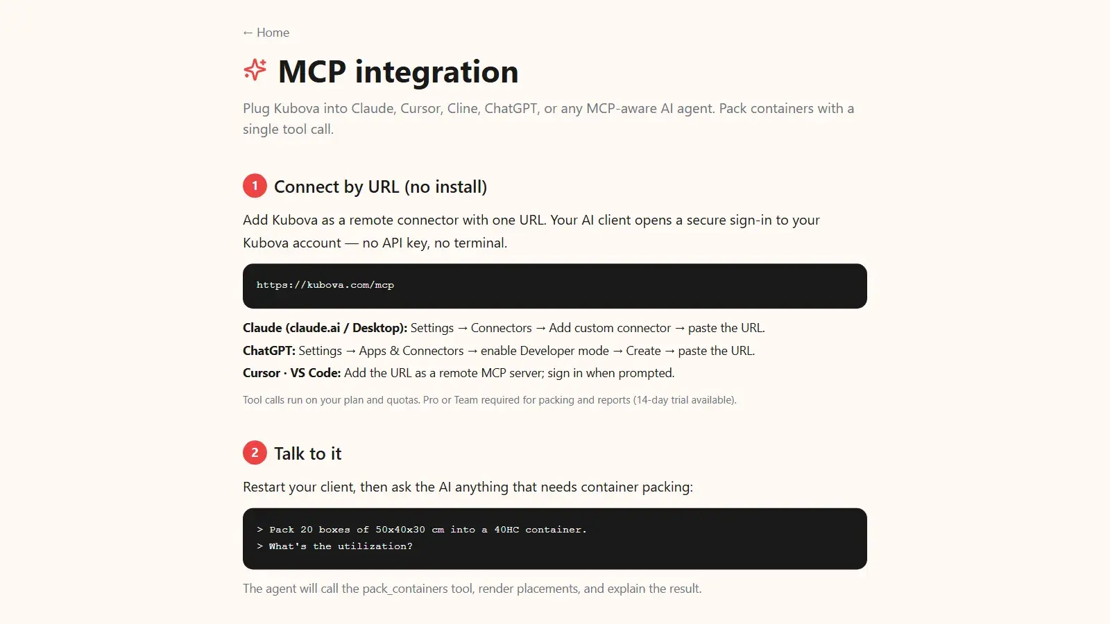 Kubova MCP documentation showing how to connect Claude, ChatGPT or Cursor by URL