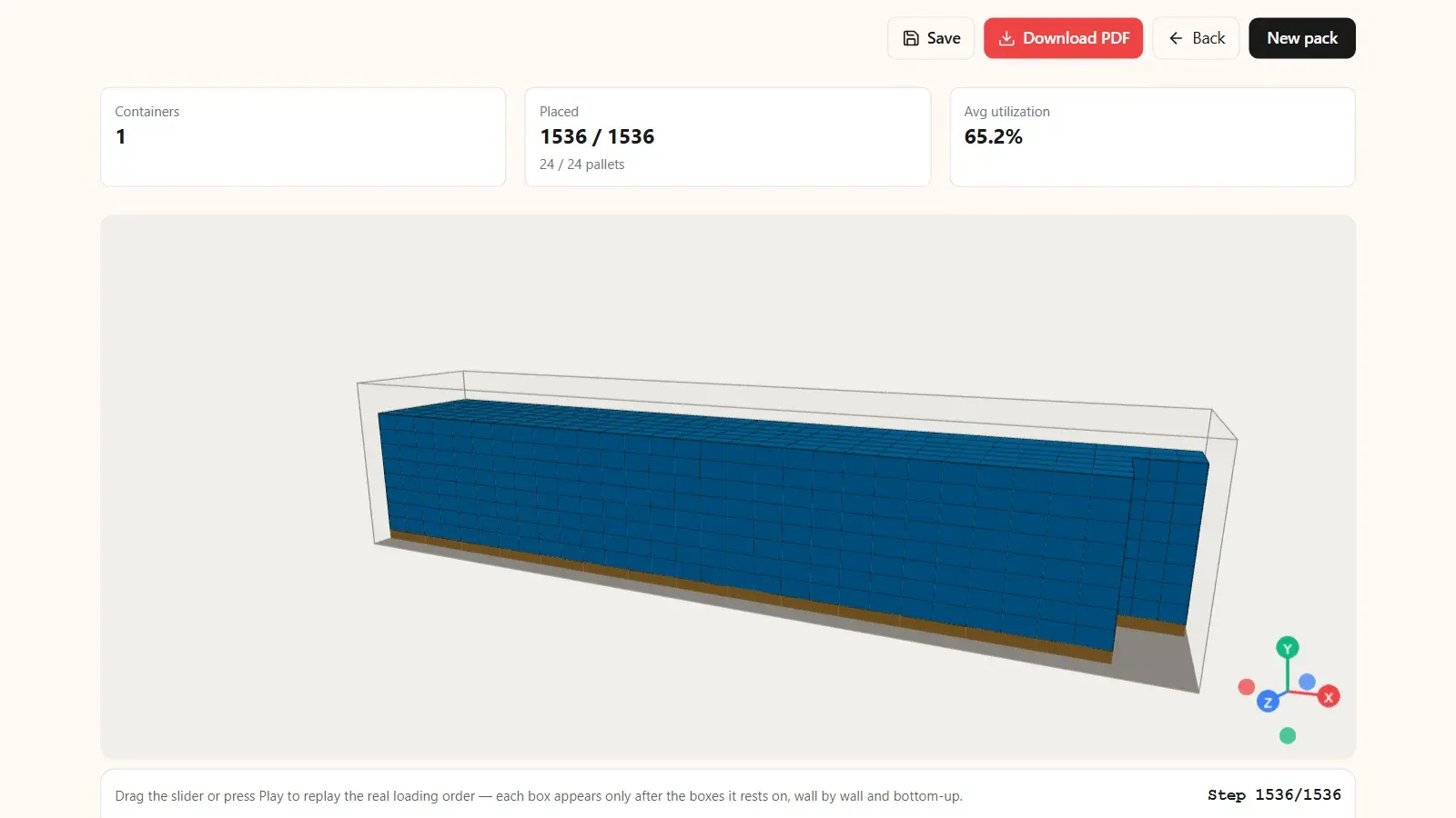 Kubova 3D plan of 24 EUR pallets of 40×30×25 cm cartons loaded into a 40' HC