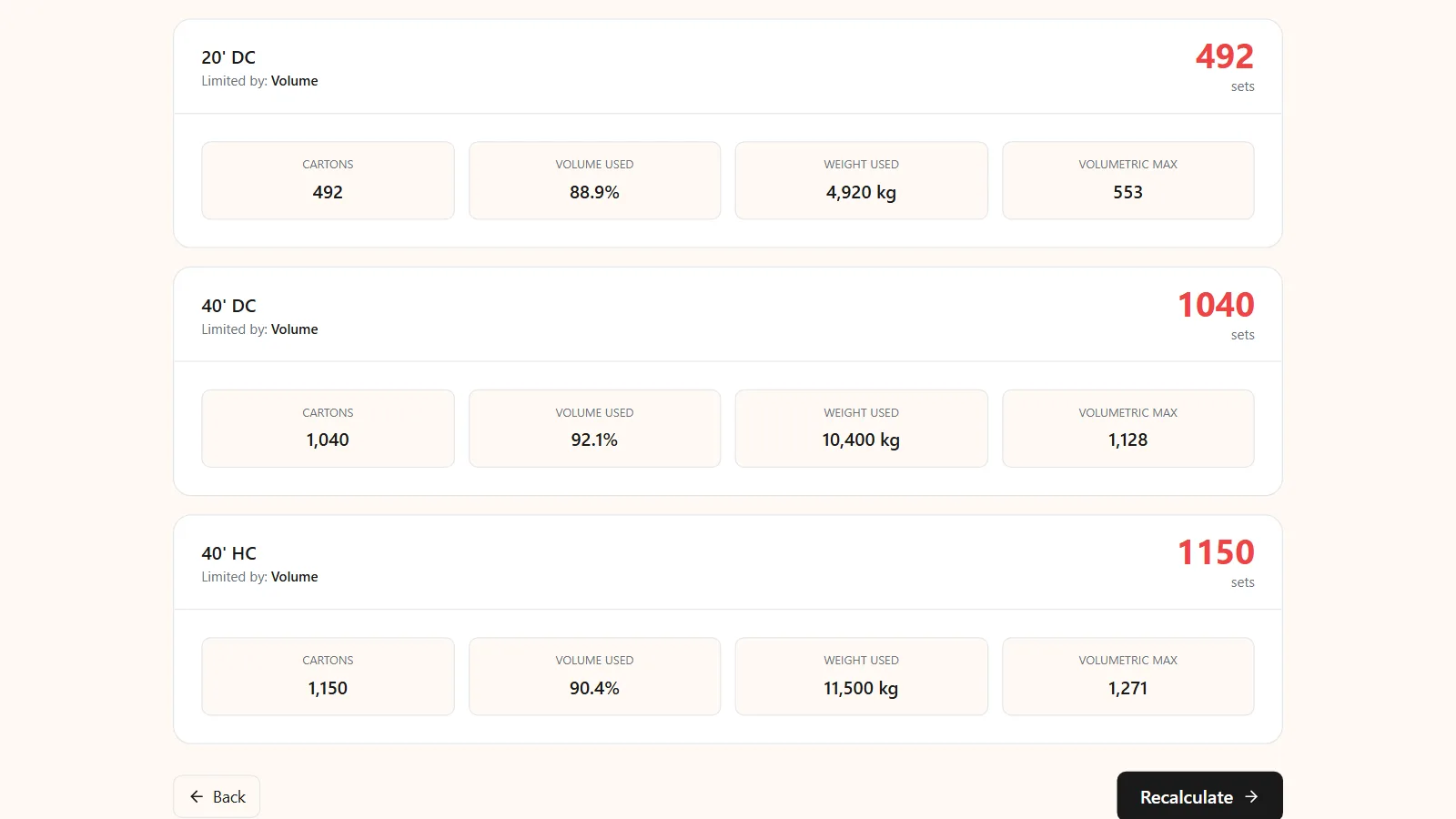 Kubova capacity tool showing real carton counts next to the volume-only maximum for a 20' DC, 40' DC and 40' HC