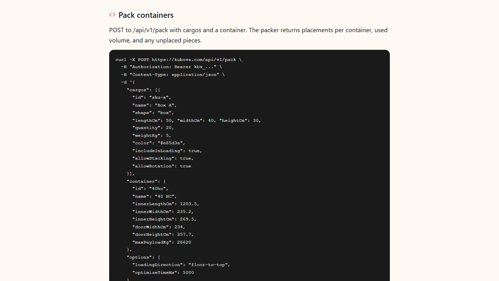 Kubova REST API documentation with a POST /api/v1/pack request body