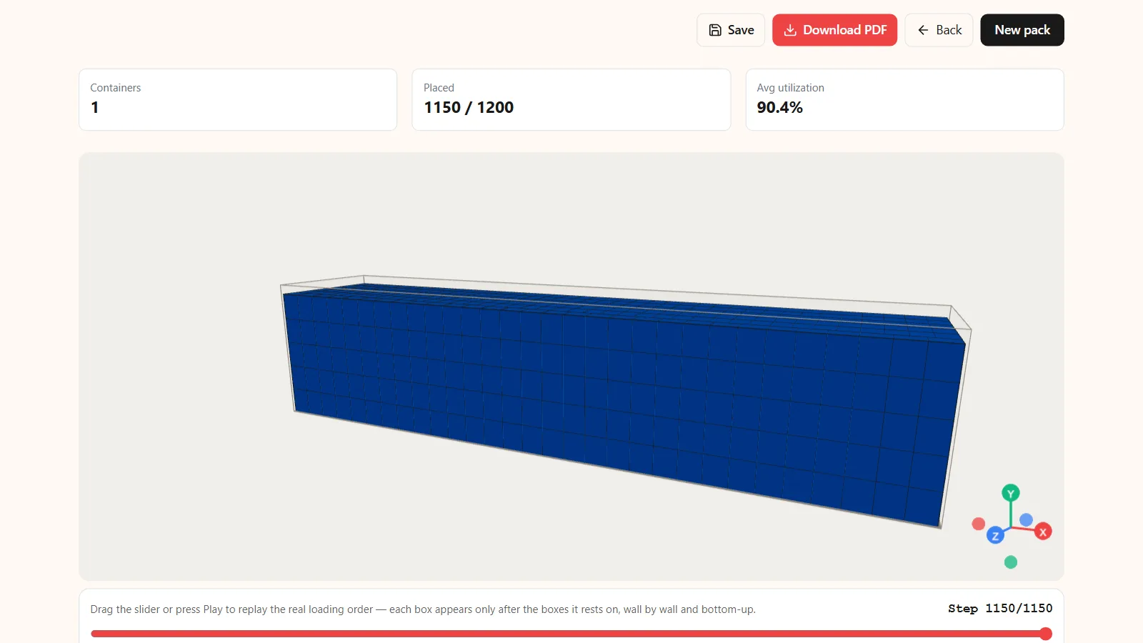 Kubova 3D plan of 1,150 cartons of 50×40×30 cm in a 40' HC at 90.4% of the volume